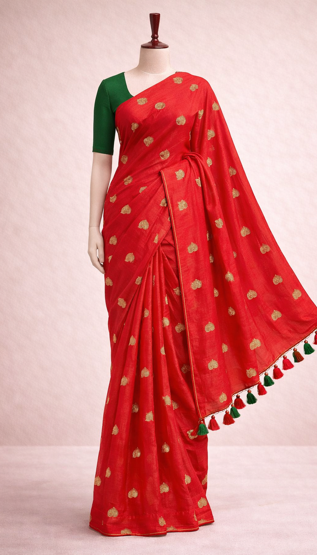 Red Mul Cotton Saree With  Blue & Green Tassel in Pallu| CS8_1