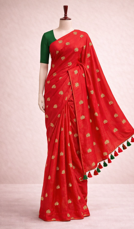 Red Mul Cotton Saree With  Blue & Green Tassel in Pallu| CS8_1