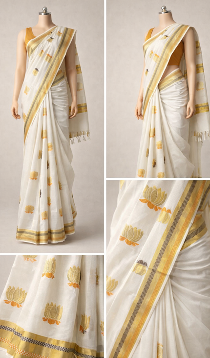 Kerala Kasavu Saree –Vishu  Special Off-White & Gold Zari Silk Cotton Saree|