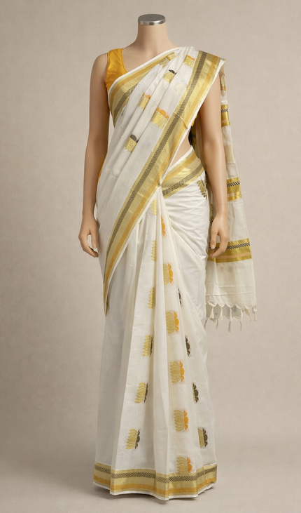 Kerala Kasavu Saree –Vishu  Special Off-White & Gold Zari Silk Cotton Saree|