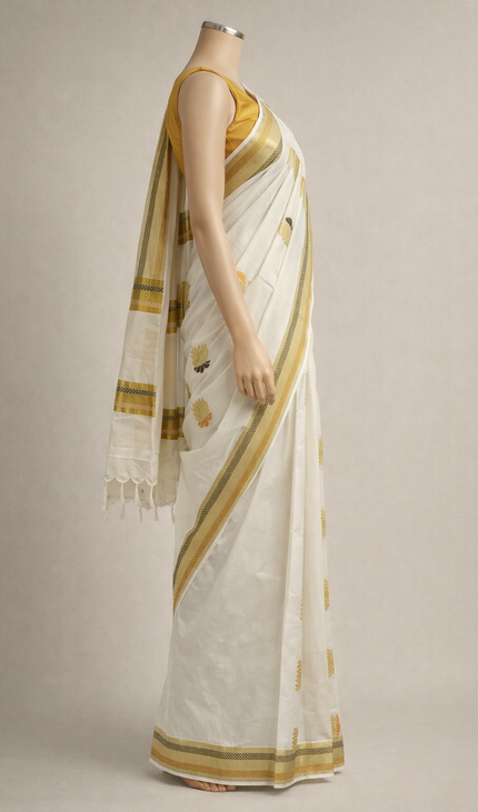 Kerala Kasavu Saree –Vishu  Special Off-White & Gold Zari Silk Cotton Saree|