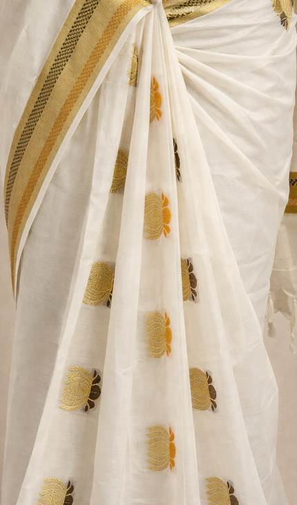 Kerala Kasavu Saree –Vishu  Special Off-White & Gold Zari Silk Cotton Saree|