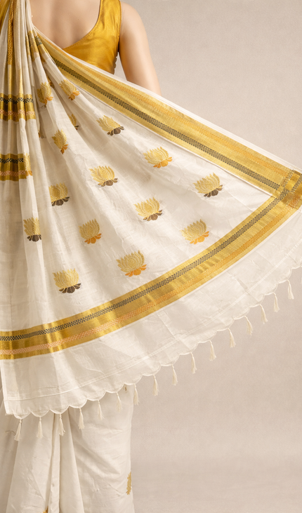 Kerala Kasavu Saree –Vishu  Special Off-White & Gold Zari Silk Cotton Saree|