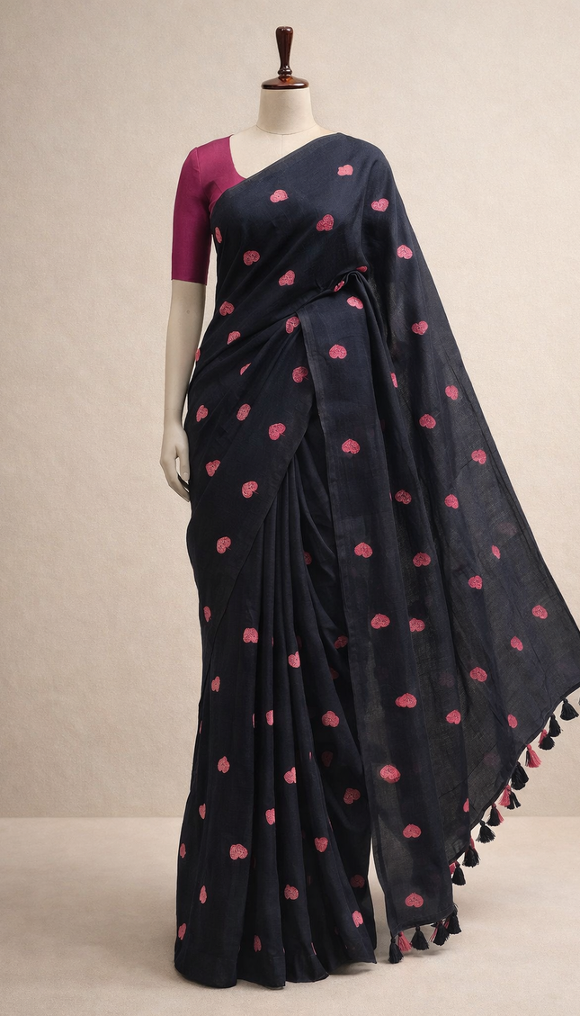 Black Pure  Mul Cotton Saree | Pink Floral Buti Embroidery |CS8_4