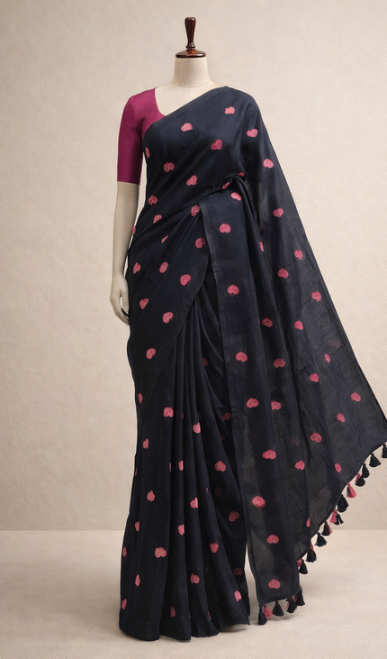 Black Pure  Mul Cotton Saree | Pink Floral Buti Embroidery |CS8_4
