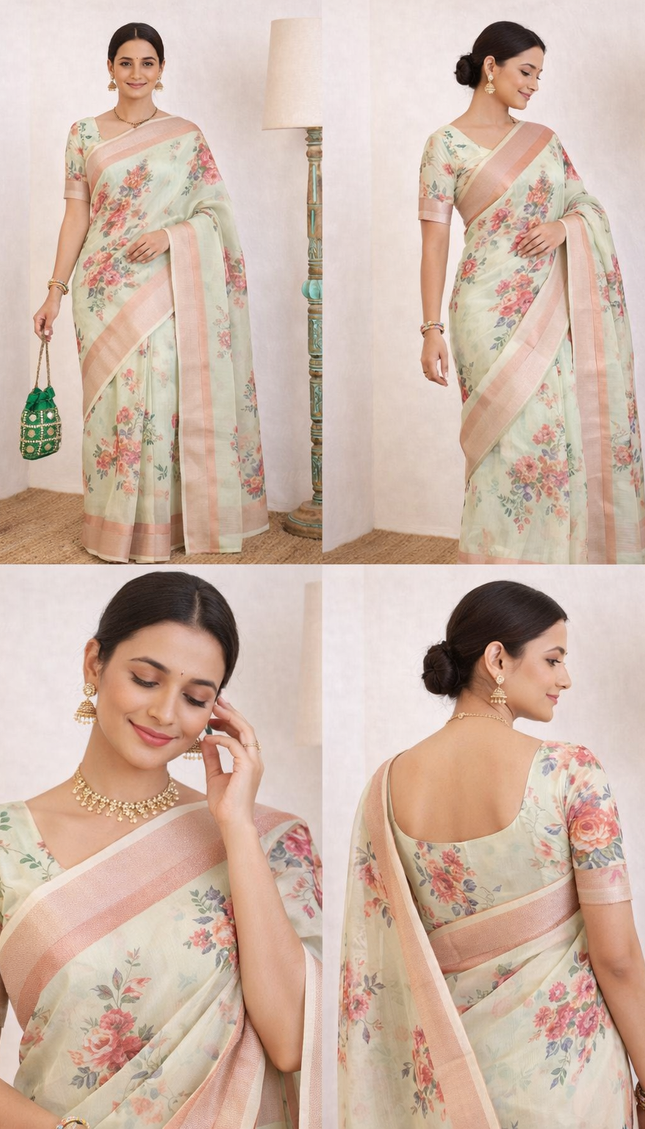Mint Green Designer Organza Tissue Silk Floral Print Saree with Blouse |DS26_3