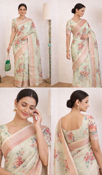 Mint Green Designer Organza Tissue Silk Floral Print Saree with Blouse |DS26_3