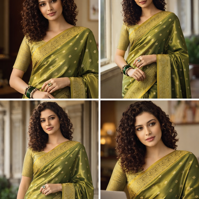 Olive Green Designer Organza Tissue Silk Saree with Zari Buti & Woven Border |DS27_1