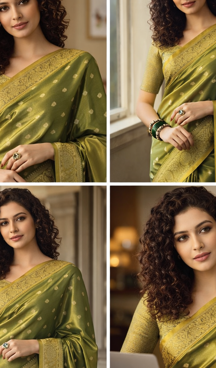 Olive Green Designer Organza Tissue Silk Saree with Zari Buti & Woven Border |DS27_1