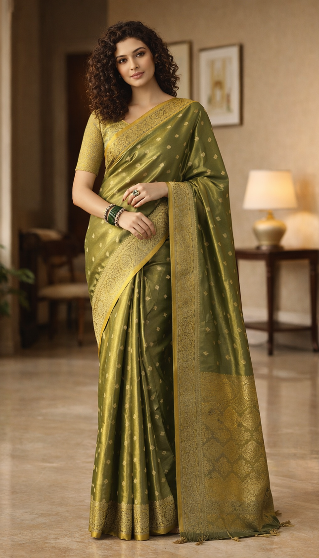 Olive Green Designer Organza Tissue Silk Saree with Zari Buti & Woven Border |DS27_1