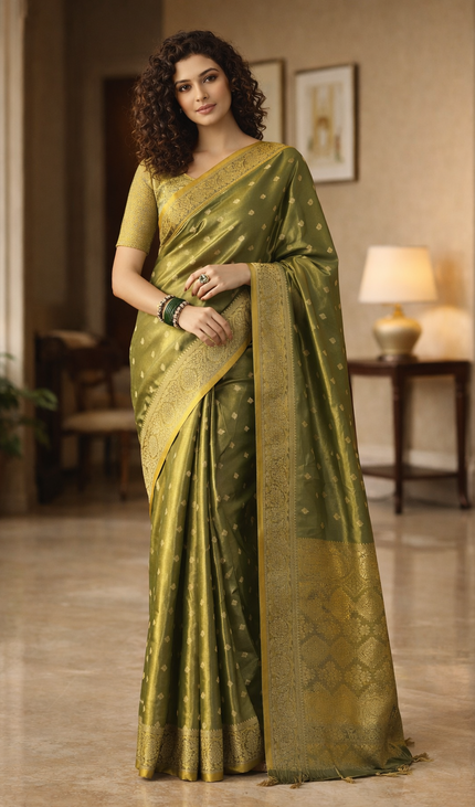 Olive Green Designer Organza Tissue Silk Saree with Zari Buti & Woven Border |DS27_1