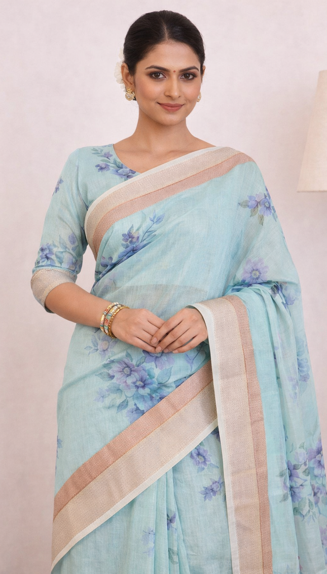 Aqua Blue Designer Organza Tissue Silk Floral Print Saree with Blouse |DS26|