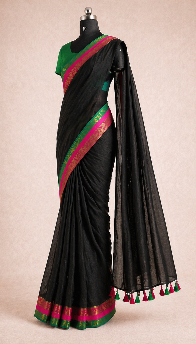 Black Pure Mul Cotton Saree | Pink  Ands Green Border |CS8_9