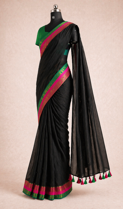Black Pure Mul Cotton Saree | Pink  Ands Green Border |CS8_9