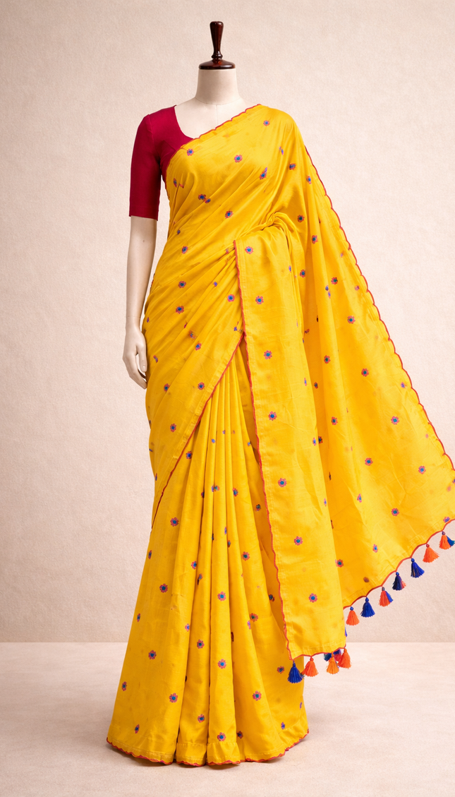 Yellow Pure Mul Cotton Saree With Blue Floral Buti Embroidery|CS8_5