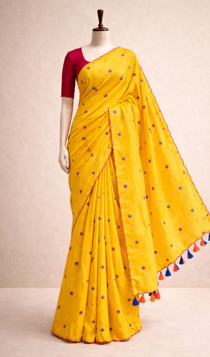 Yellow Pure Mul Cotton Saree With Blue Floral Buti Embroidery|CS8_5