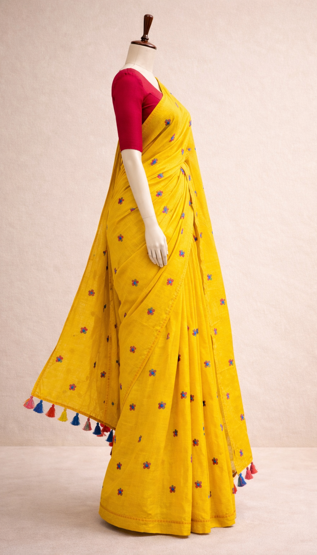 Yellow Pure Mul Cotton Saree With Blue Floral Buti Embroidery|CS8_5