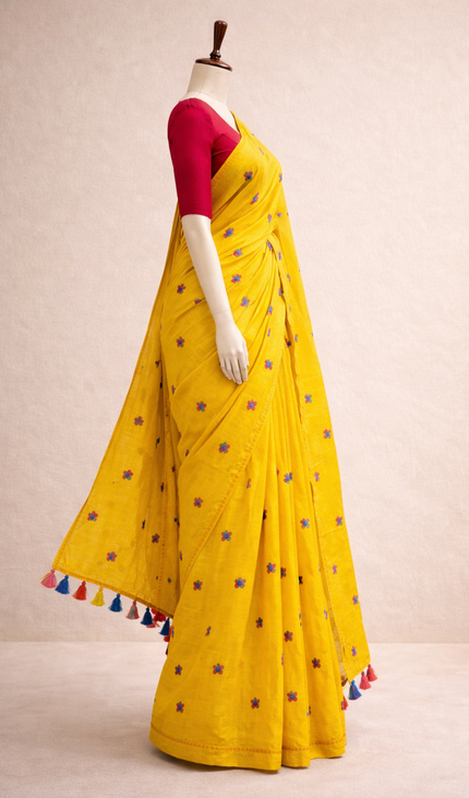 Yellow Pure Mul Cotton Saree With Blue Floral Buti Embroidery|CS8_5