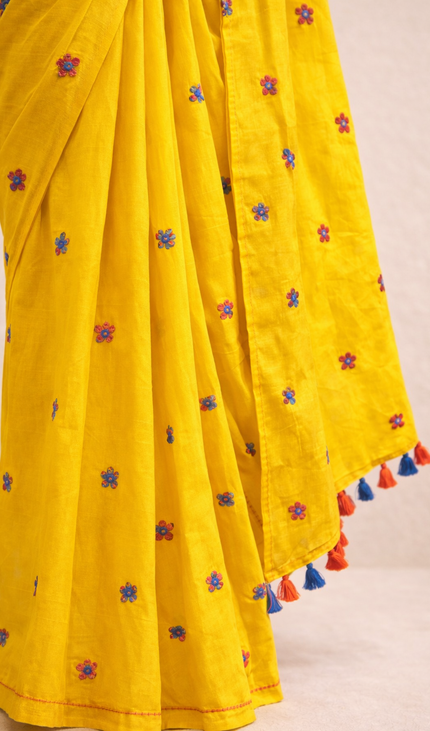 Yellow Pure Mul Cotton Saree With Blue Floral Buti Embroidery|CS8_5