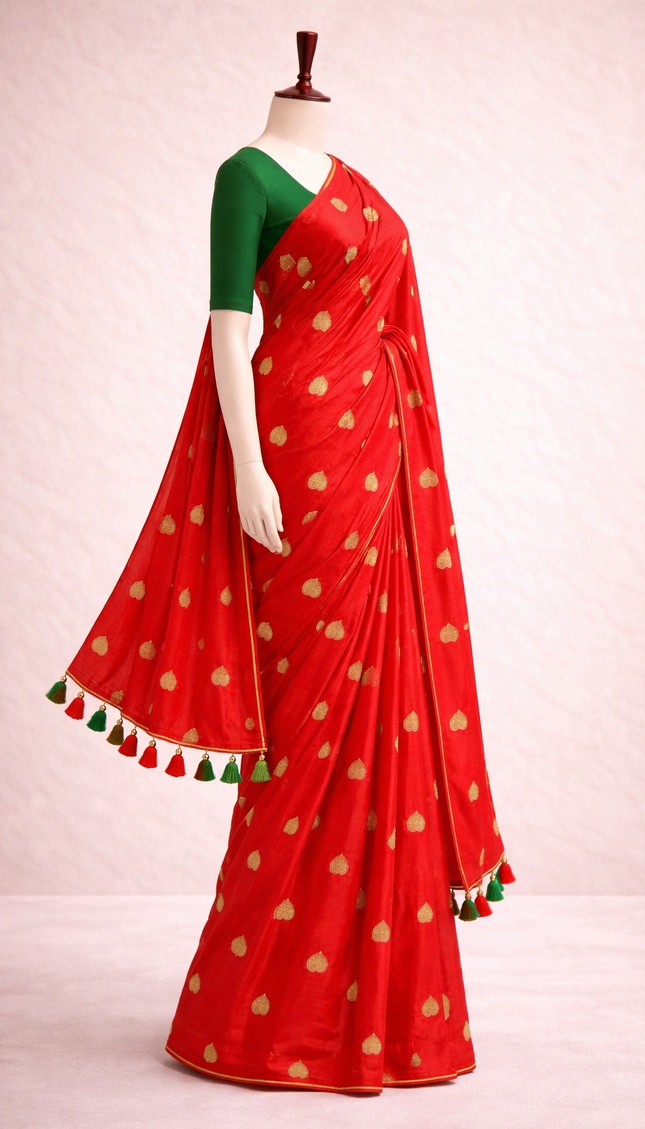 Red Mul Cotton Saree With  Blue & Green Tassel in Pallu| CS8_1