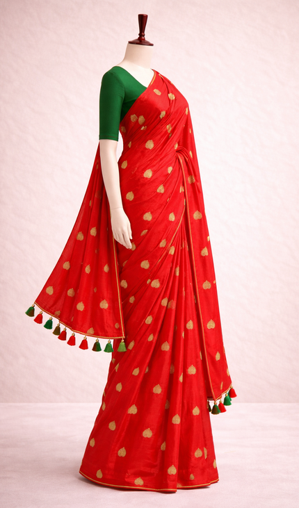 Red Mul Cotton Saree With  Blue & Green Tassel in Pallu| CS8_1