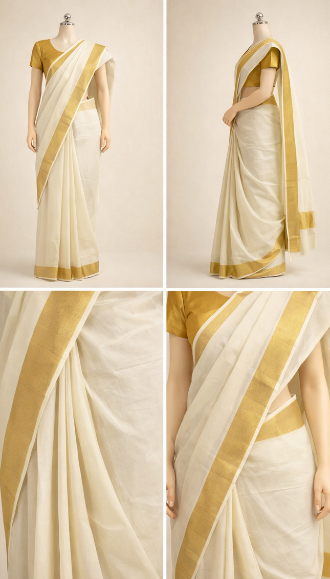 Kerala Cotton Saree –Vishu Special Off-White & Gold Small Zari Border|V2