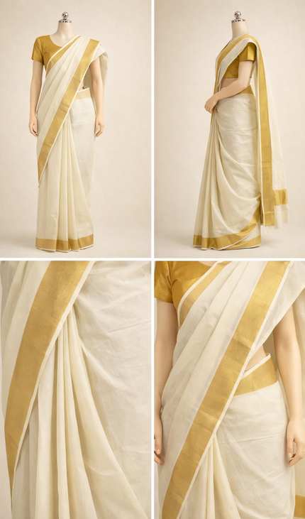 Kerala Cotton Saree –Vishu Special Off-White & Gold Small Zari Border|V2