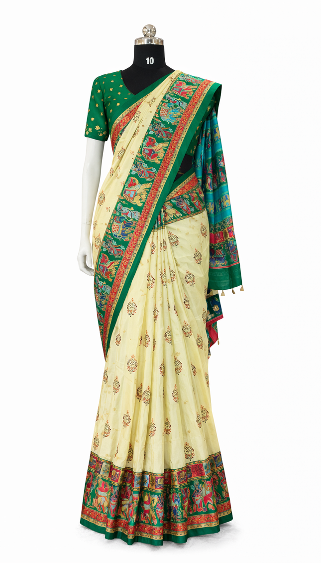 Cream And Green Silk Designer Saree with  Digital Print & Red Border |DS32_5