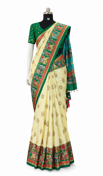 Cream And Green Silk Designer Saree with  Digital Print & Red Border |DS32_5