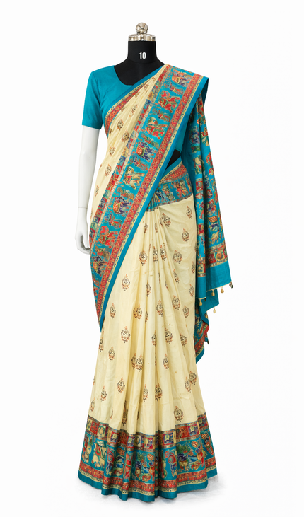 Cream And Green Silk Designer Saree with  Digital Print & Red Border |DS32_7