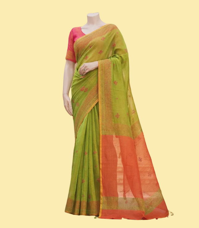 Green Tissue Silk Office Wear Saree with Contrast Orange Pallu & Zari Border |DS29_3