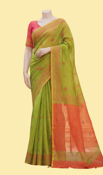Green Tissue Silk Office Wear Saree with Contrast Orange Pallu & Zari Border |DS29_3