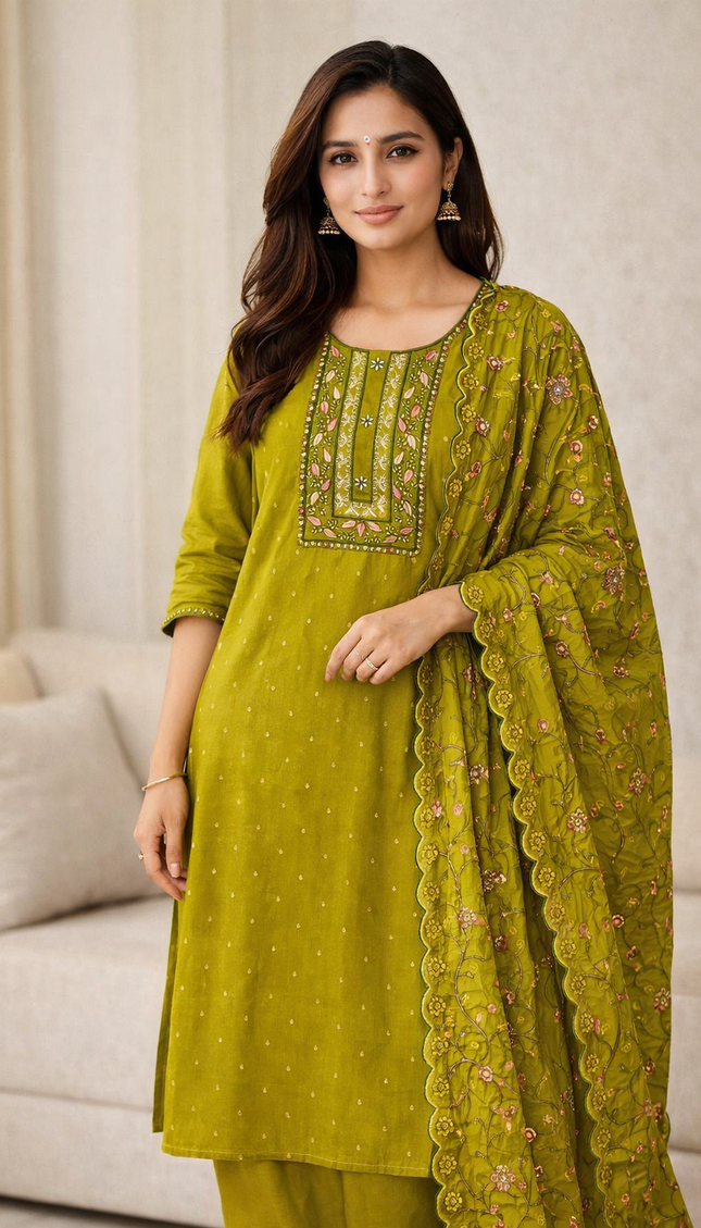 Olive Green Embroidered Kurta Set with Floral Dupatta|SC14