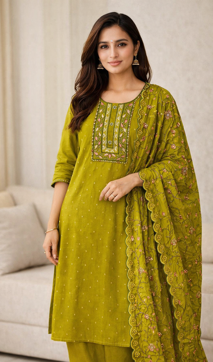 Olive Green Embroidered Kurta Set with Floral Dupatta|SC14