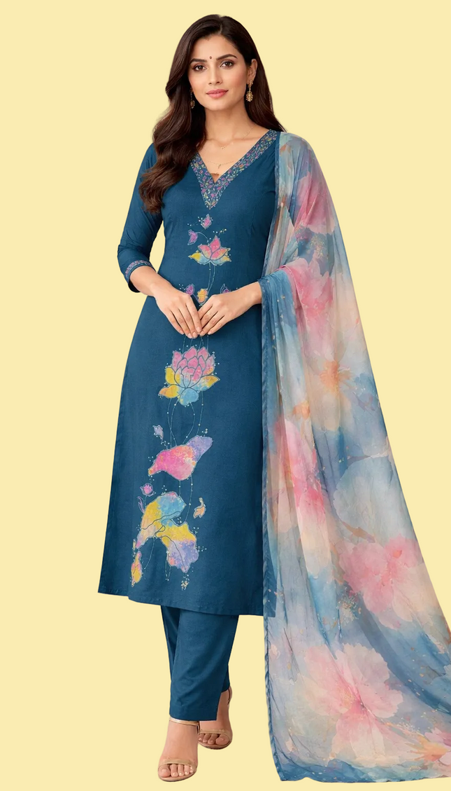 Navy Hand-Painted Lotus Kurta Set with Floral Dupatta|SC15_1
