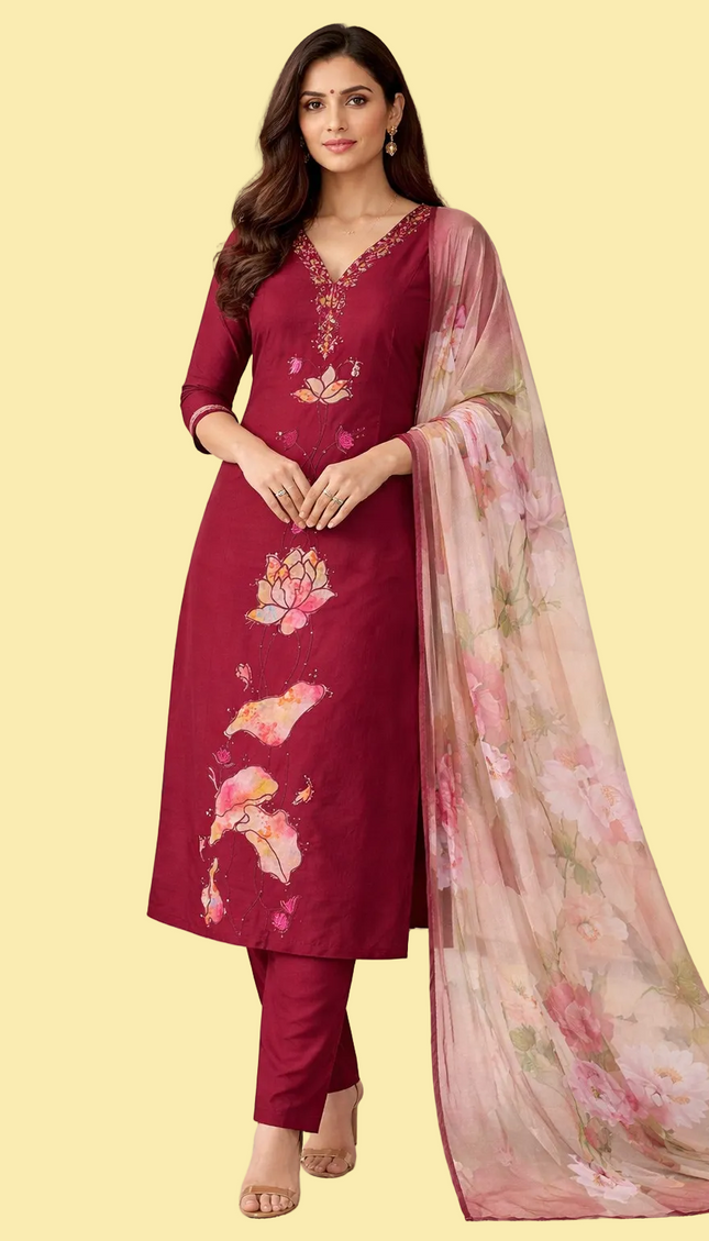 Maroon Hand-Painted Lotus Kurta Set with Floral Dupatta|SC15_2