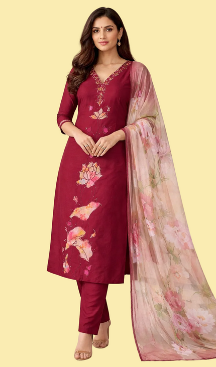 Maroon Hand-Painted Lotus Kurta Set with Floral Dupatta|SC15_2