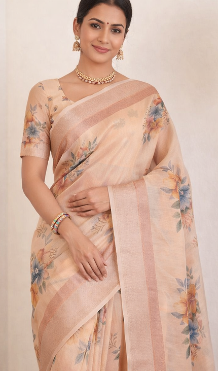 Peach Designer Organza Tissue Silk Floral Print Saree with Blouse |DS26|
