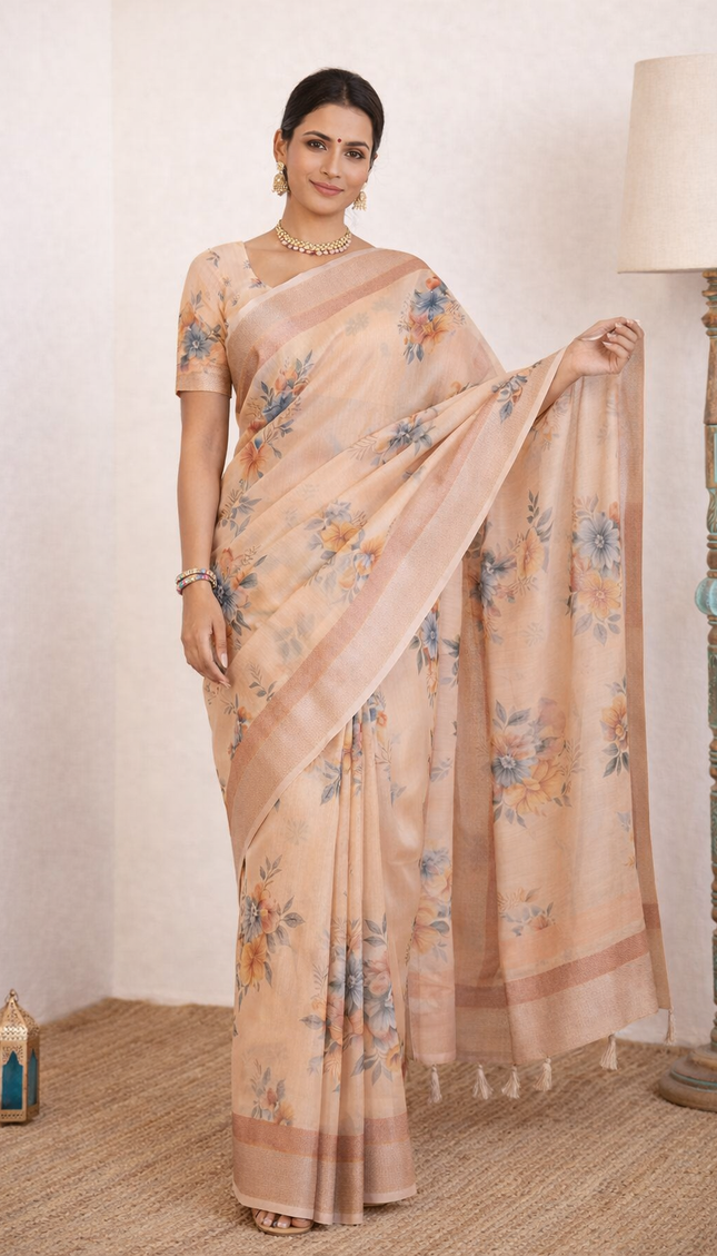 Peach Designer Organza Tissue Silk Floral Print Saree with Blouse |DS26|