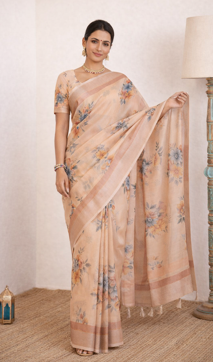 Peach Designer Organza Tissue Silk Floral Print Saree with Blouse |DS26|