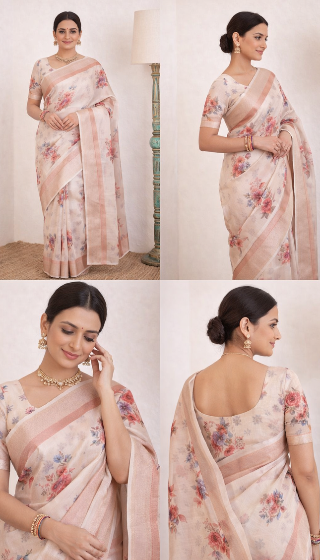 Ivory Cream Designer Organza Tissue Silk Floral Print Saree with Blouse |DS26|