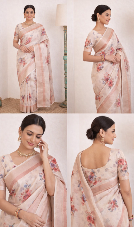 Ivory Cream Designer Organza Tissue Silk Floral Print Saree with Blouse |DS26|