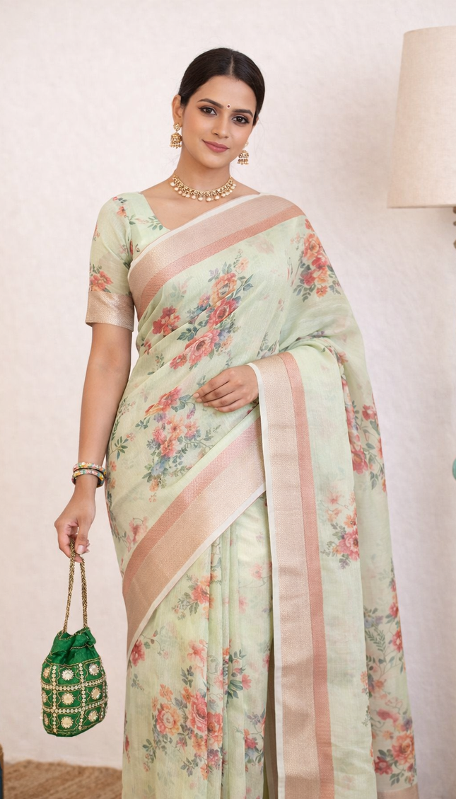 Mint Green Designer Organza Tissue Silk Floral Print Saree with Blouse |DS26_3