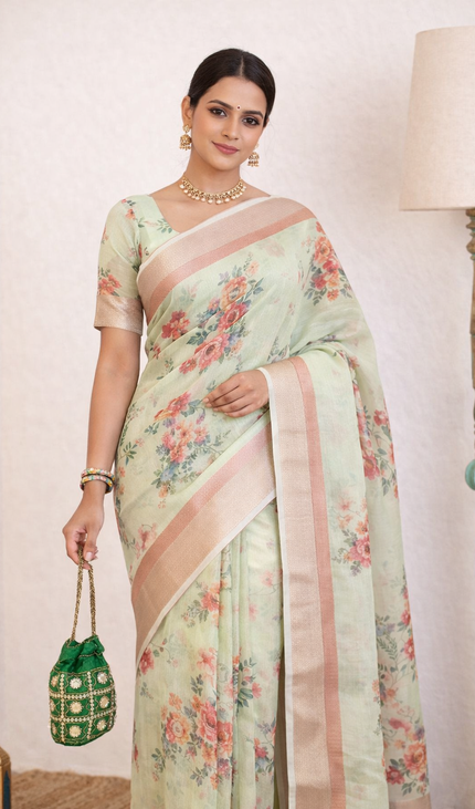 Mint Green Designer Organza Tissue Silk Floral Print Saree with Blouse |DS26_3