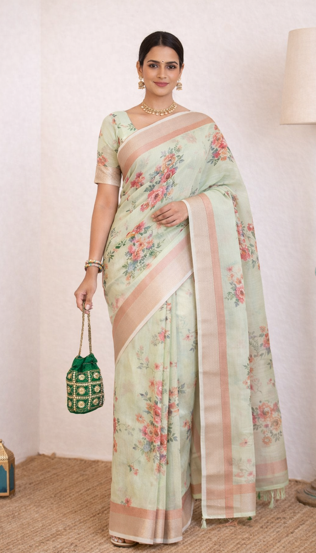 Mint Green Designer Organza Tissue Silk Floral Print Saree with Blouse |DS26_3
