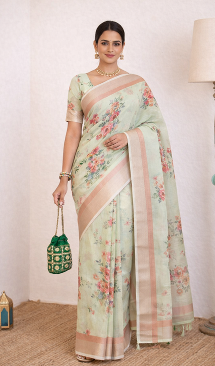 Mint Green Designer Organza Tissue Silk Floral Print Saree with Blouse |DS26_3