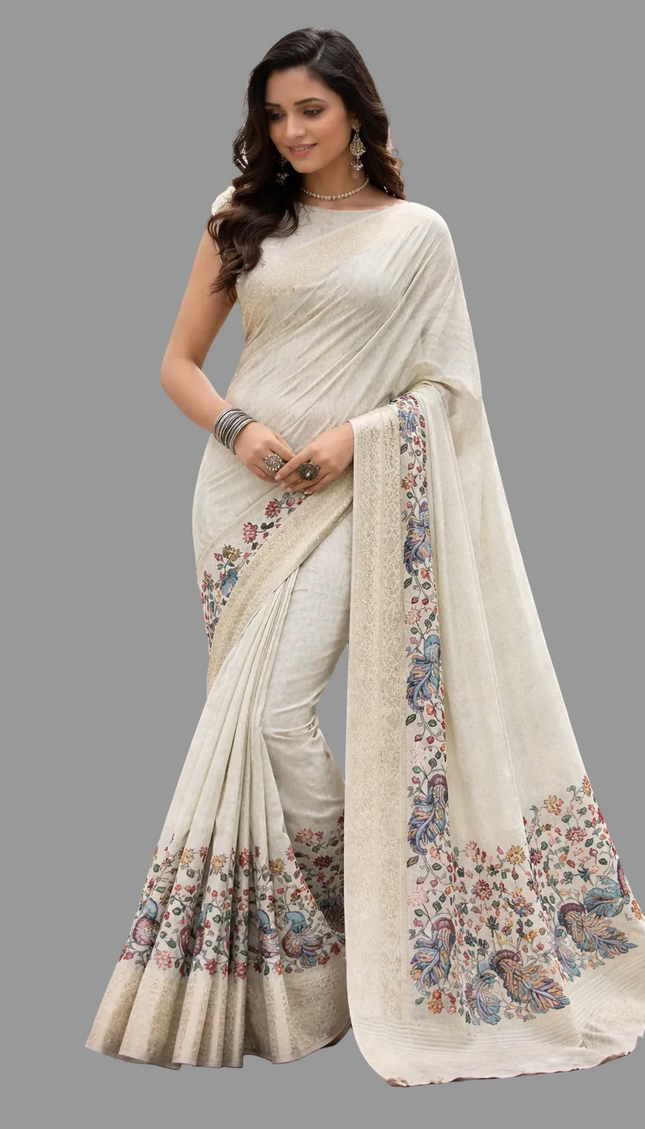 Beige Cotton Silk Designer Saree with Floral Border Print & Blouse |DS30|