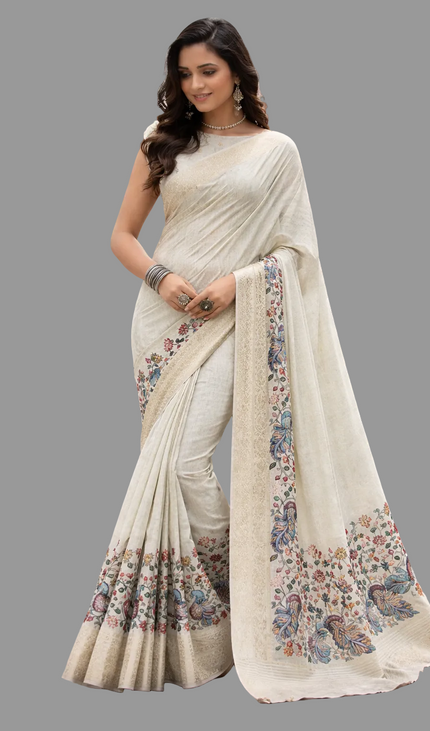 Beige Cotton Silk Designer Saree with Floral Border Print & Blouse |DS30|