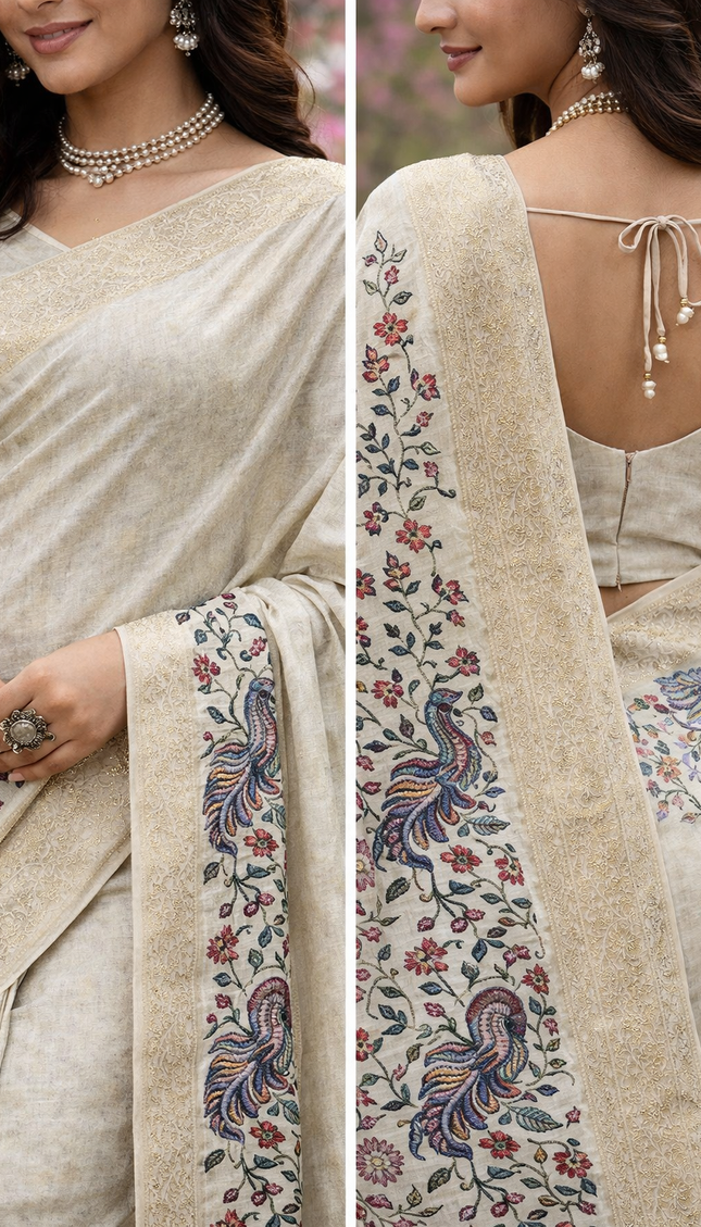 Beige Cotton Silk Designer Saree with Floral Border Print & Blouse |DS30|