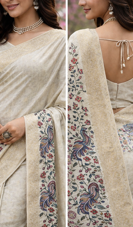 Beige Cotton Silk Designer Saree with Floral Border Print & Blouse |DS30|